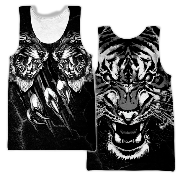 Double Tiger 3D Tattoo Over Printed Shirt for Men and Women