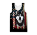 Black Husky Siberian American Flag 3D All Over Print Hoodie