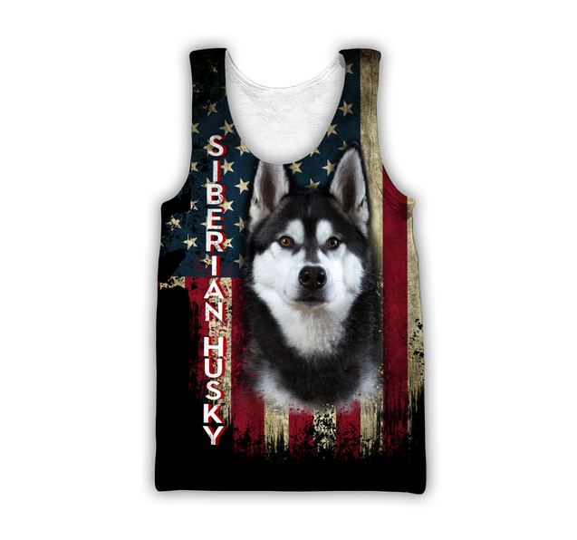 Black Husky Siberian American Flag 3D All Over Print Hoodie