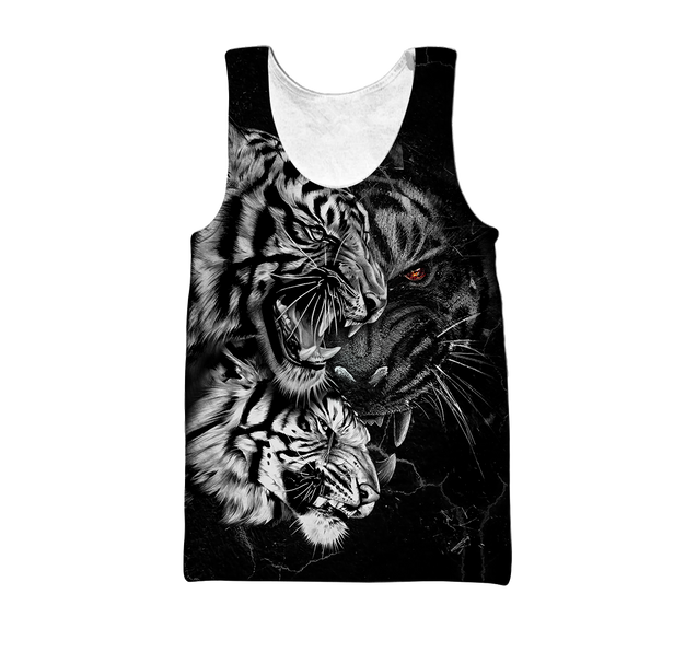 Tiger Black and White Tattoo Over Printed Hoodie for Men and Women