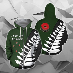 Lest We Forget - New Zealand Hoodie Green K5-Apparel-Khanh Arts-Zipped Hoodie-S-Vibe Cosy™