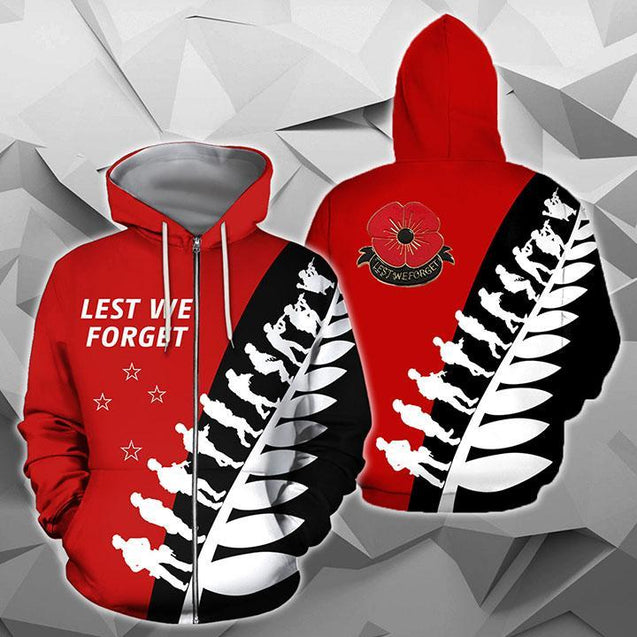 Lest We Forget - New Zealand Hoodie Red K5-Apparel-Khanh Arts-Zipped Hoodie-S-Vibe Cosy™