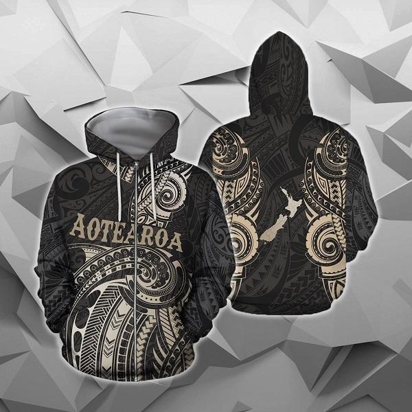 Maori Tattoo with Map New Zealand All Over Hoodie HC0805-Apparel-Huyencass-Zipped Hoodie-S-Vibe Cosy™