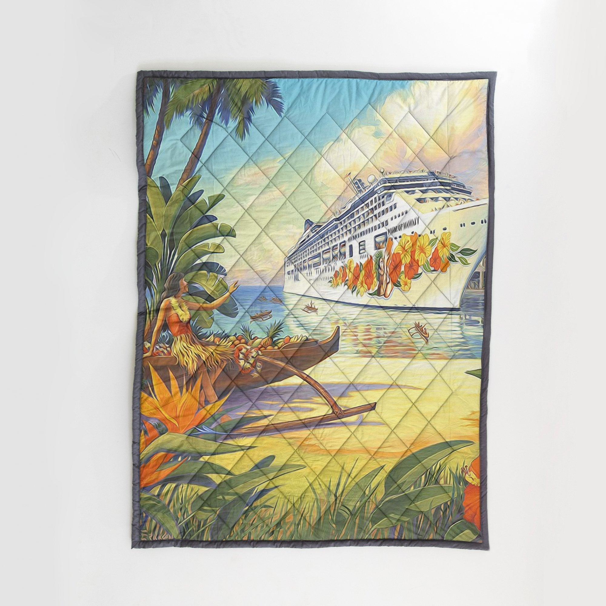 Vintage Hawaii Quilt Blanket - AH - J4-QUILT BLANKETS-PodEz-Twin-White-100% Cotton-Vibe Cosy™