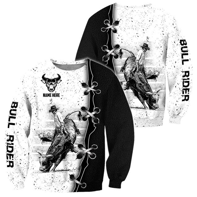 Personalized Name Bull Riding 3D All Over Printed Unisex Shirts Black And White Bull Rider