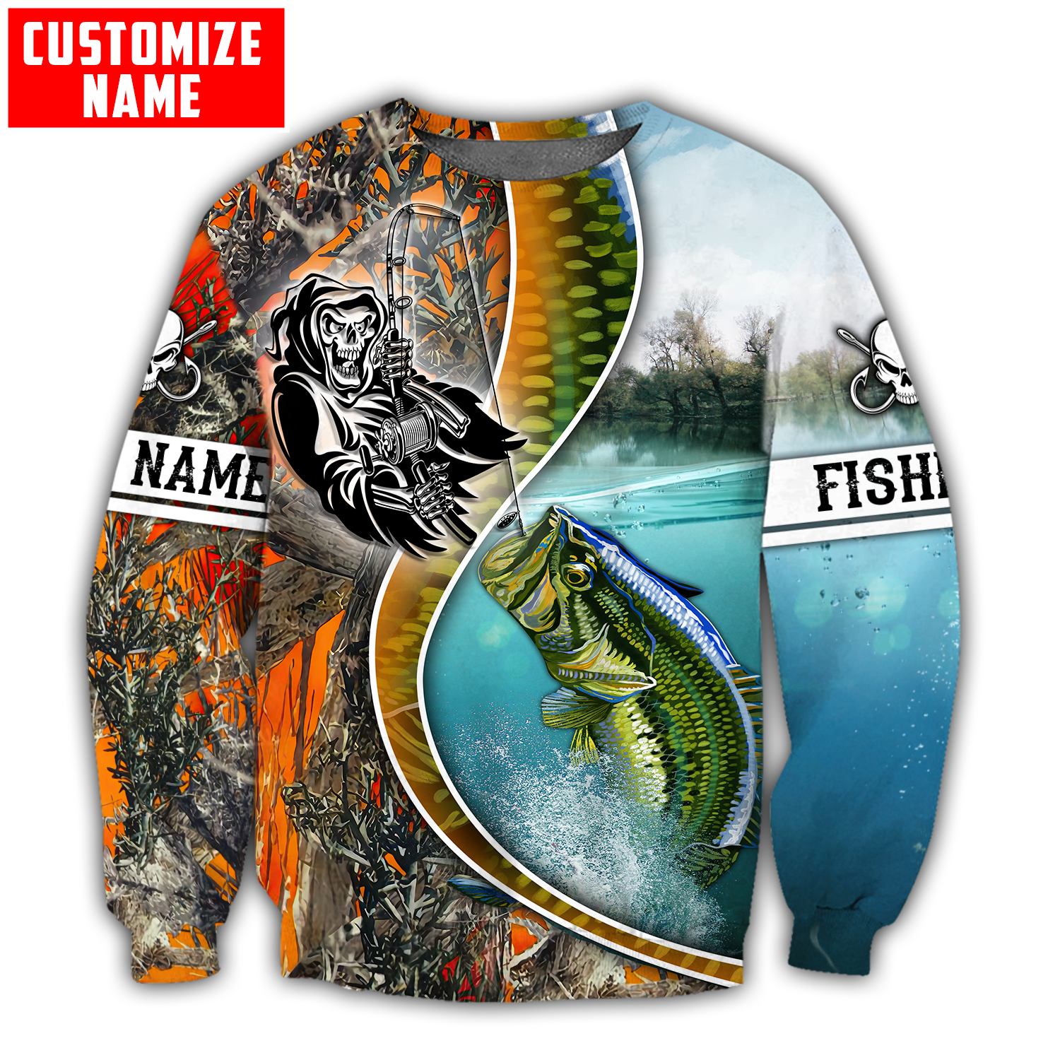 Bass Fishing Line Orange Camo Custom name fishing shirts for men and women