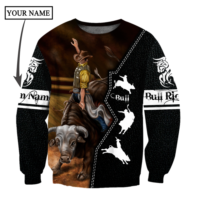 Personalized Name Bull Riding 3D All Over Printed Unisex Shirts Black Leather Texture