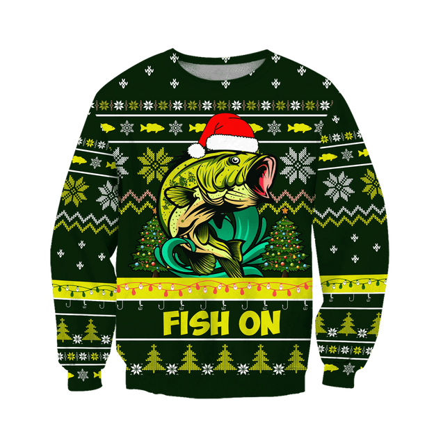 Bass Fishing Fish on Christmas Hat 3D Shirts