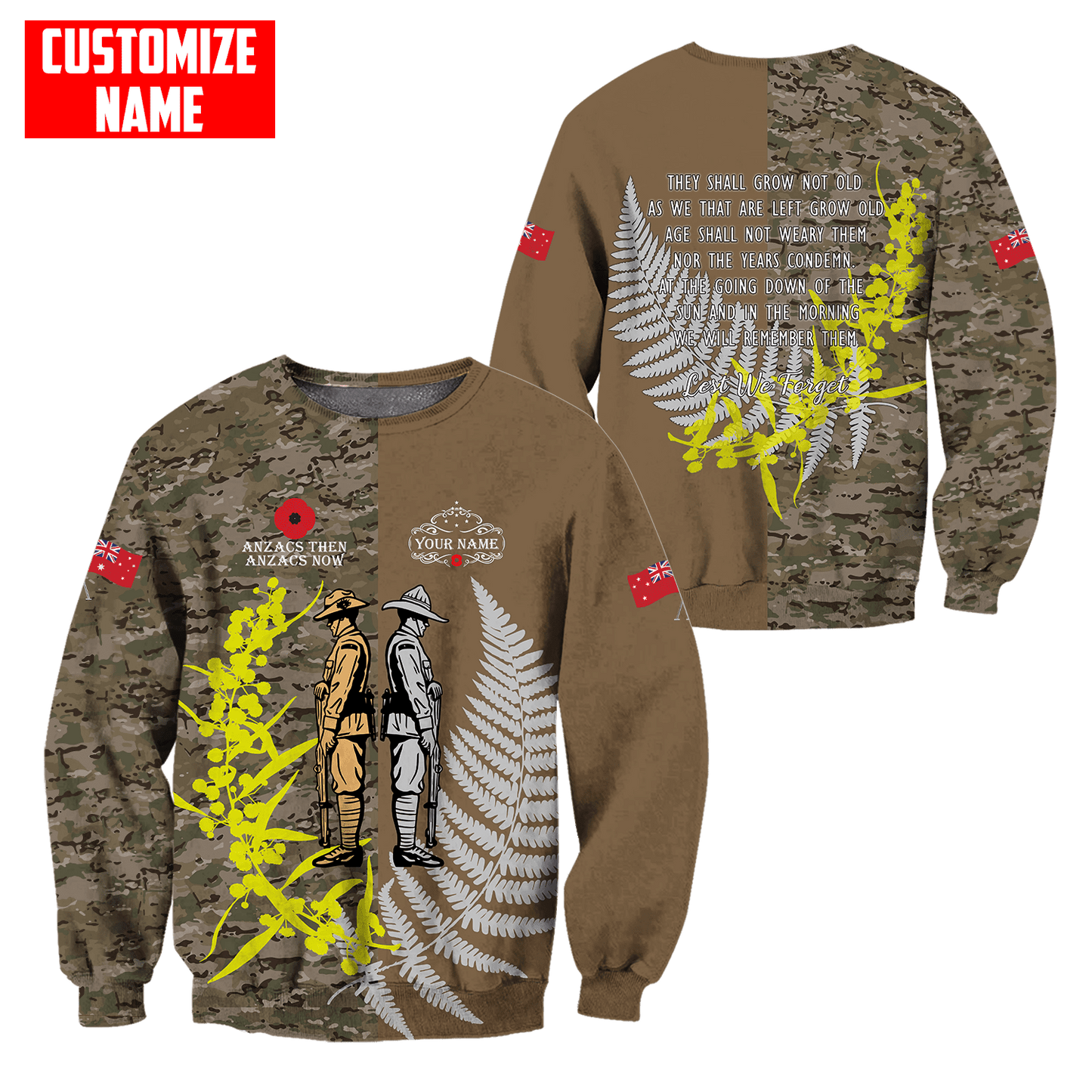 Custom name Anzac day The ode remembrance Soldier 3D printed shirts