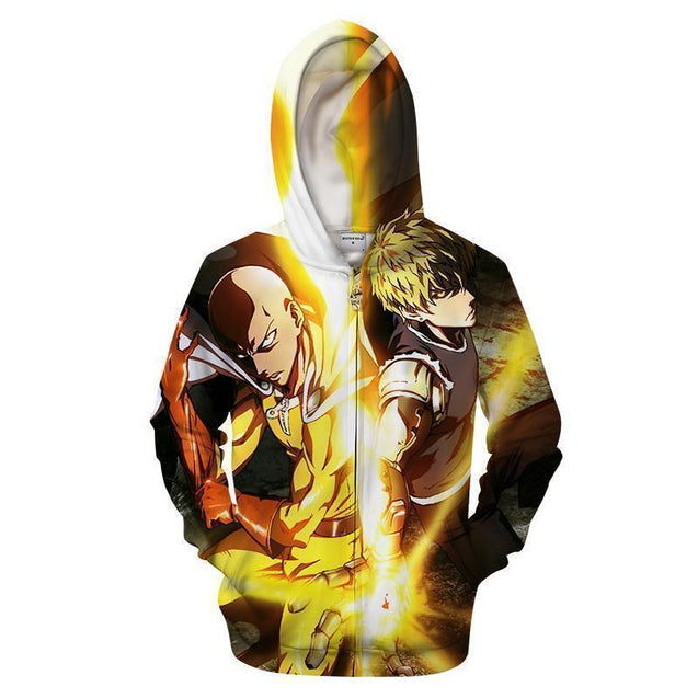 One Punch Man Awesome Battle Action Genos Vs Saitama Super Cool Hoodie-Apparel-Phaethon-ZIPPED HOODIE-S-Vibe Cosy™