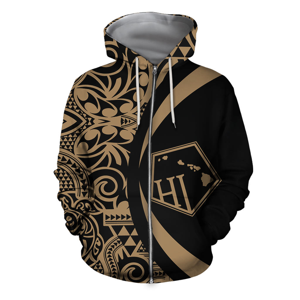 Hawaii Polynesian Tribal Hoodie - Circle Style Gold Color 2.0 - AH-ALL OVER PRINT HOODIES (P)-Phaethon-Zip-Up Hoodie-S-Vibe Cosy™