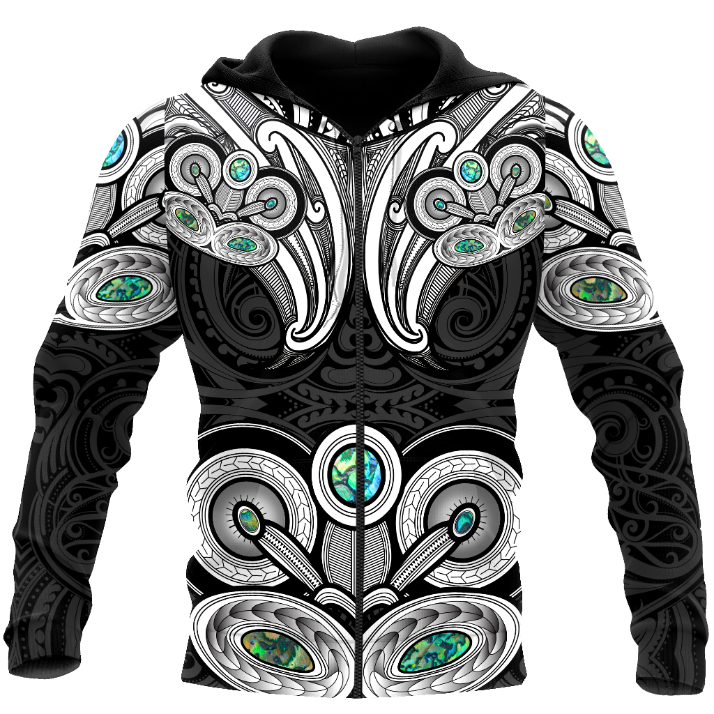 New Zealand Aotearoa Maori Tiki Silver Fern Paua Shell Unisex Deluxe Hoodie ML