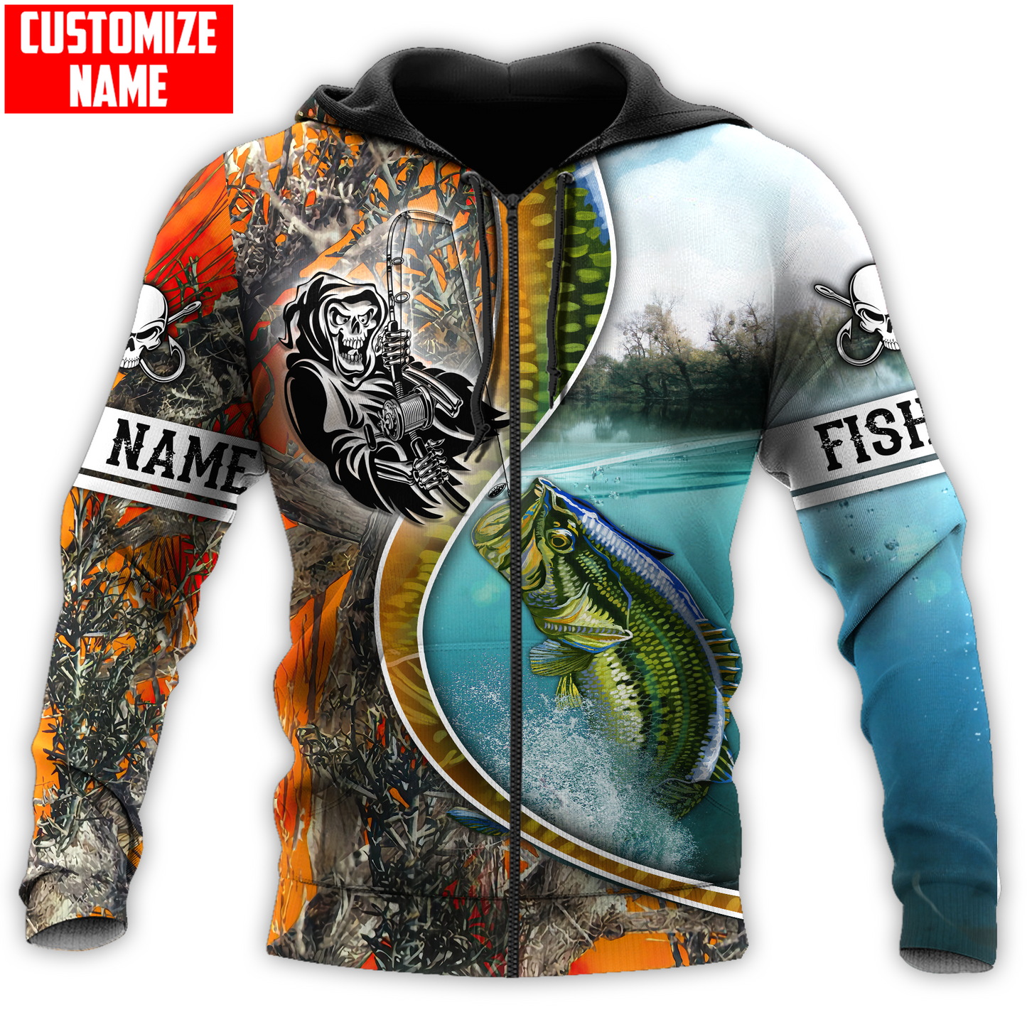 Bass Fishing Line Orange Camo Custom name fishing shirts for men and women