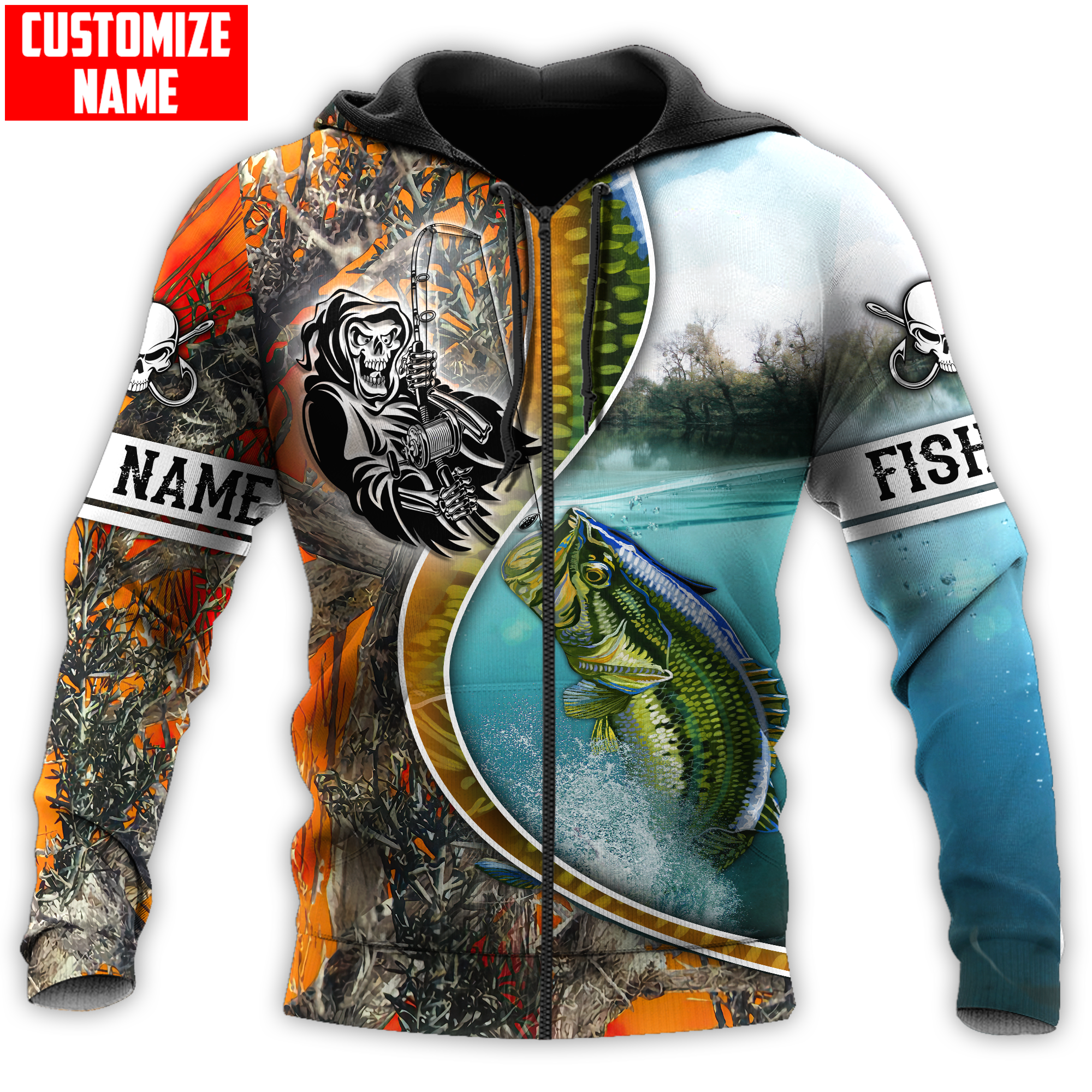 Bass Fishing Line Orange Camo Custom name fishing shirts for men and women