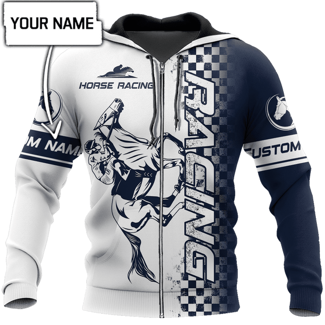 Personalized Name Horse Racing Blue 3D All Over Printed Unisex Hoodie