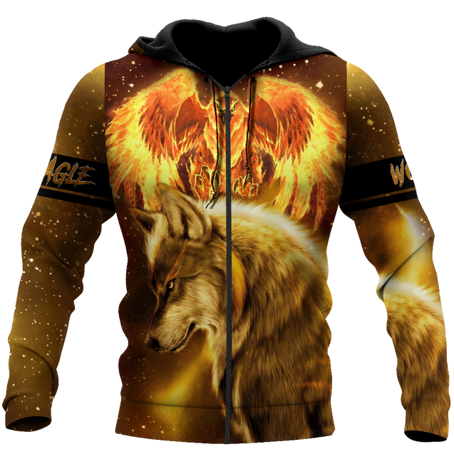 Fire Eagle And Wolf 3D Hoodie Shirt For Men And Women LAM