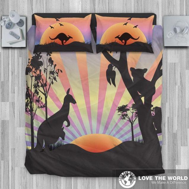 Australian bedding set - kangaroo and koala sunset K5-BEDDING SETS-HP Arts-Bedding Set - Black - AUSTRALIA KOALA AND KANGAROO IN SUNSET BEDDING SET C1-King-Black-Vibe Cosy™