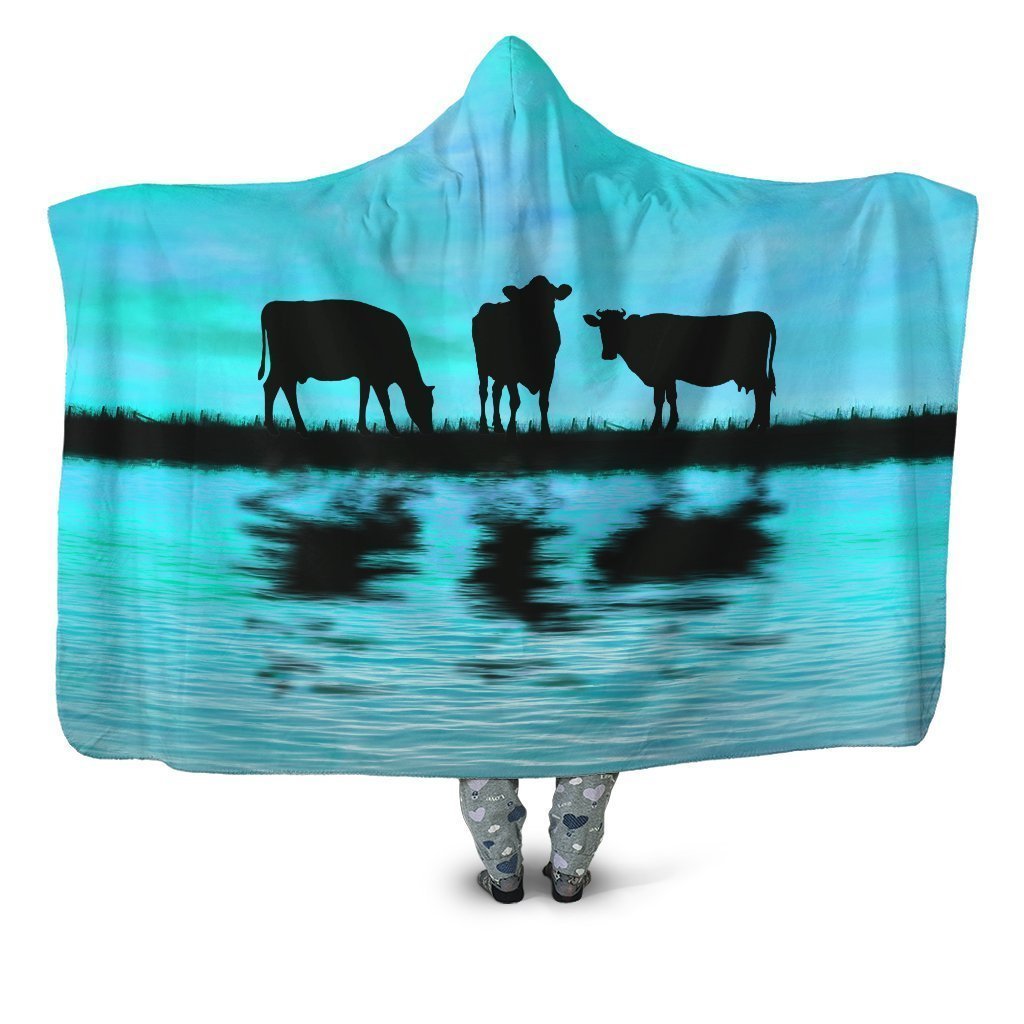 Sunset and Cow Blue Backgroud Hoodie Blanket-Apparel-HD09-Hooded Blanket-Youth 49.6x59.05-Vibe Cosy™