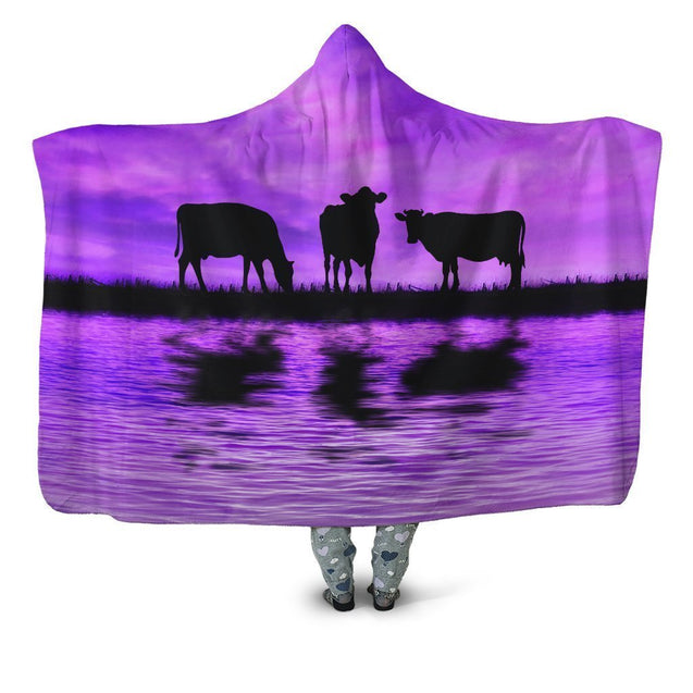 Sunset and Cow Violet Backgroud Hoodie Blanket-Apparel-HD09-Hooded Blanket-Youth 49.6x59.05-Vibe Cosy™