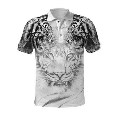 Double White Tiger Tattoo Over Printed Shirt For Men and Women