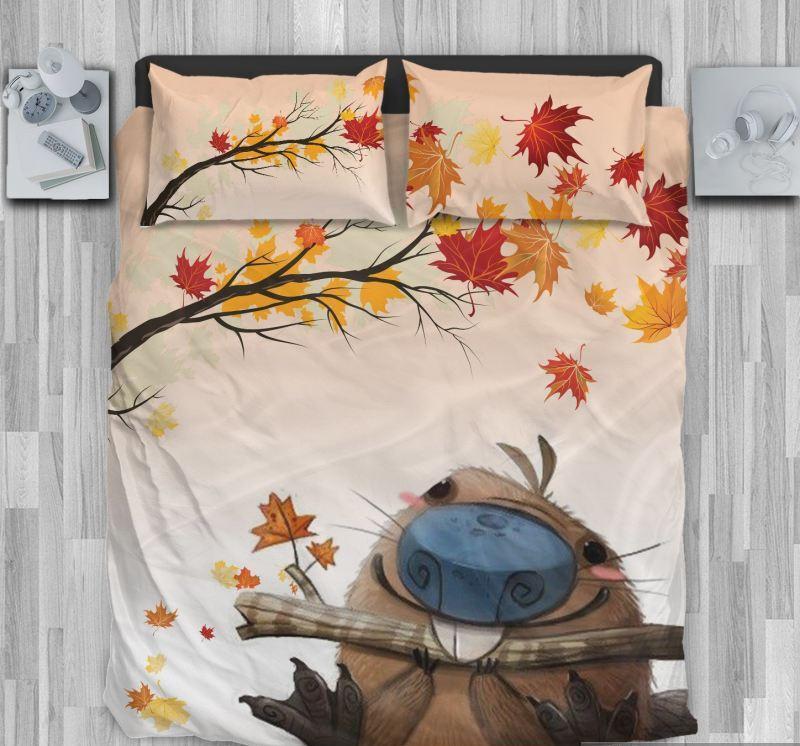 Canada Duvet Cover- Canada Beaver Under Maple Tree Bedding Set NN8-BEDDING SETS-Khanh Arts-US Queen/Full-Vibe Cosy™
