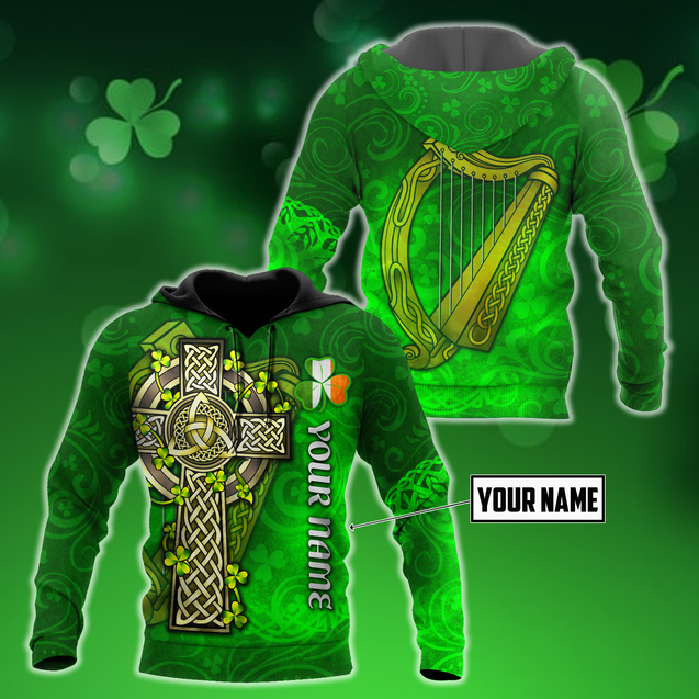 Premium Unisex Hoodie Custom Name Irish St.Patrick  Celtic Cross And The Irish Harp ML