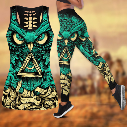 Owl Native American 3D All Over Printed Legging + Hollow Tank