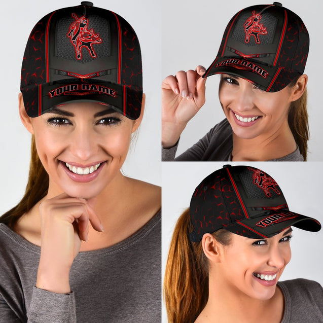 Personalized Name Bull Riding Classic Cap Red Neon