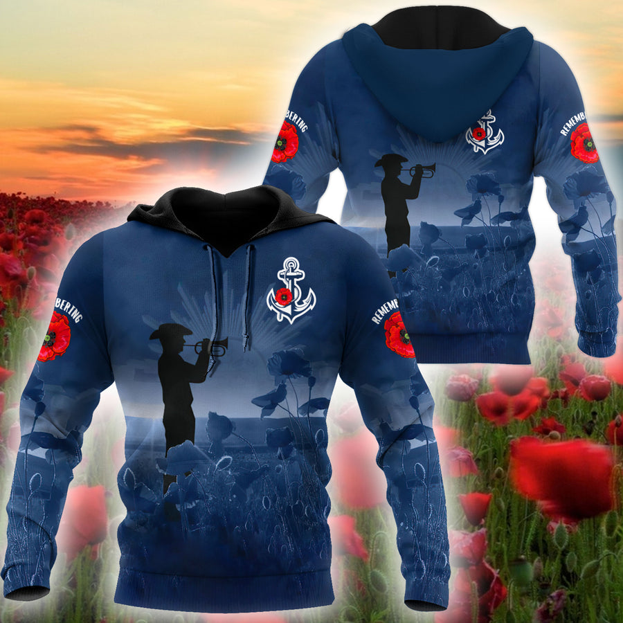 Rememberance Anzac Day Poppy Flower Navy Premium Unisex Hoodie ML