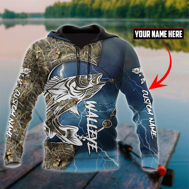 Custom name Walleye fishing gear blue 3D Design print shirts