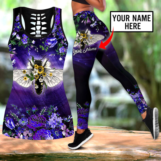 Bees flowers legging + hollow tank combo custom name