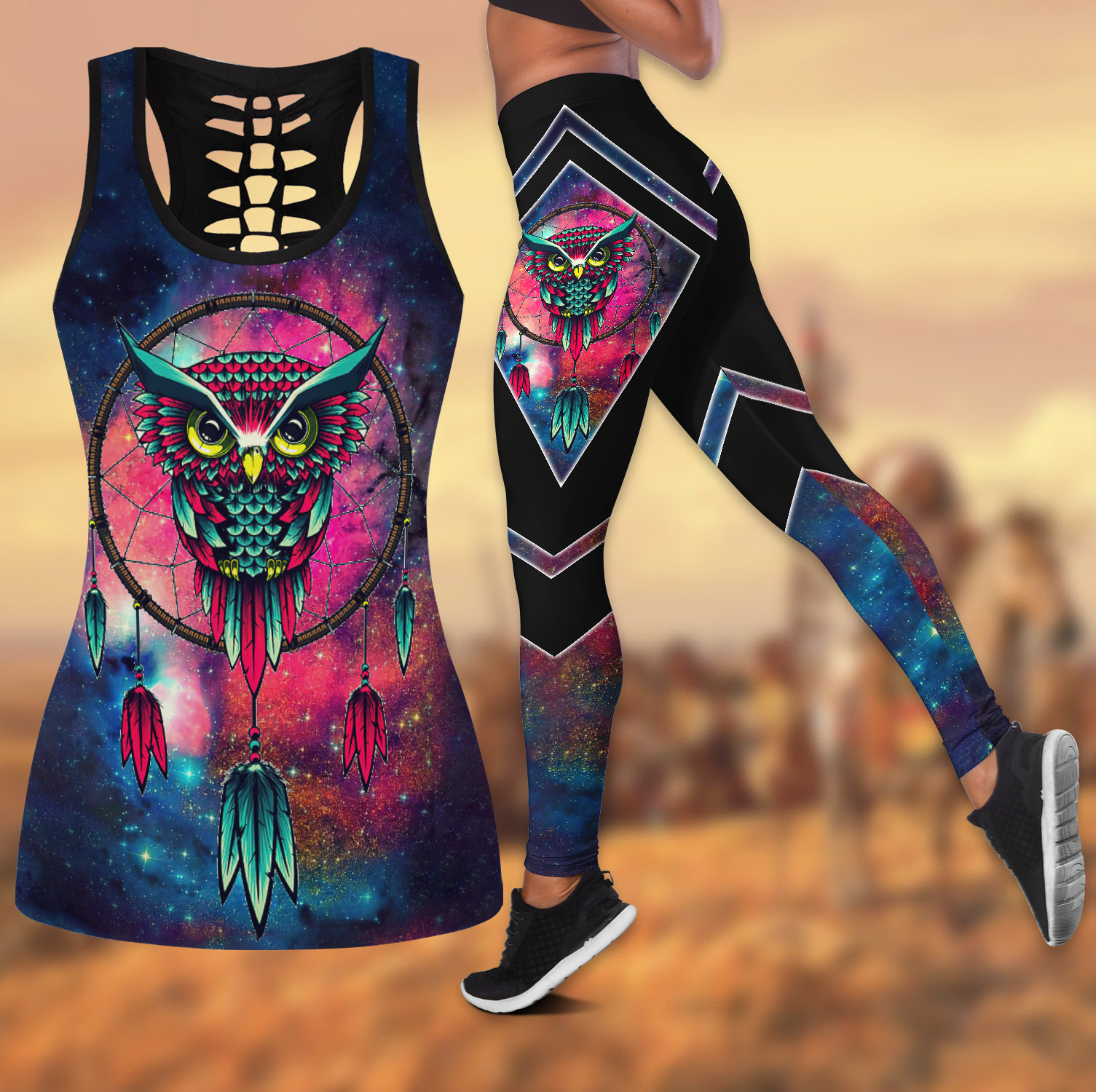 Owl Native American 3D All Over Printed Legging + Hollow Tank