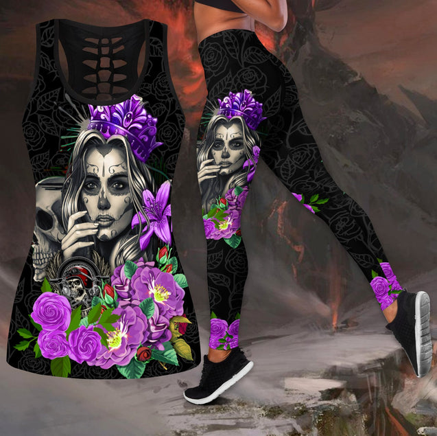 Skull Girl Biker Legging + hollow tank combo outfit