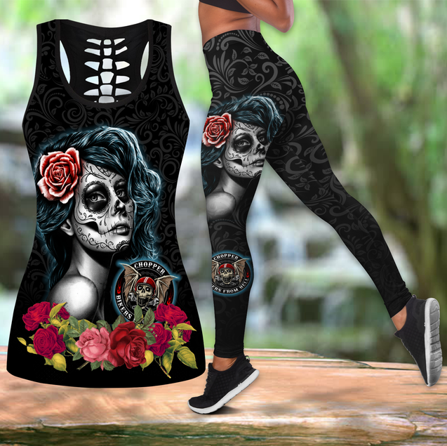 Skull Girl Biker Legging + hollow tank combo outfit