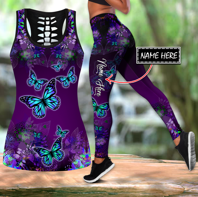 Butterfly purple legging + hollow tank combo custom name