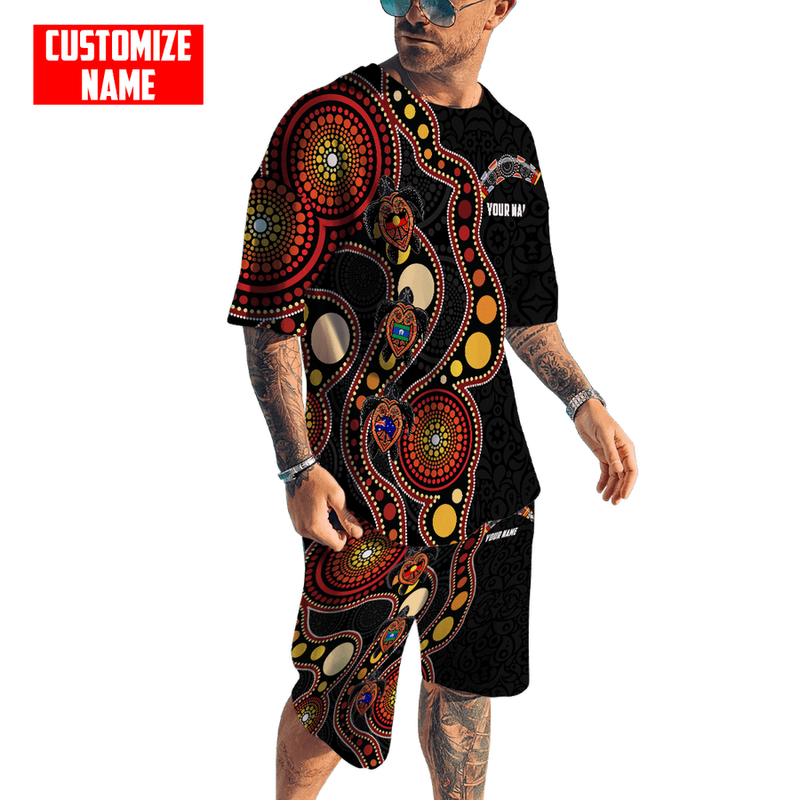 Custom name Aboriginal turtles circle dots 3D design printed Combo T-Shirt BoardShorts