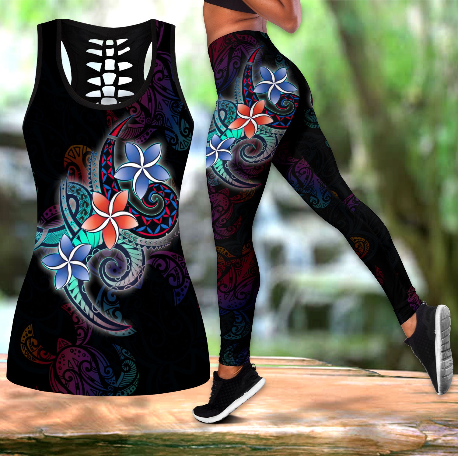 Amazing Polynesian Plumeria Flower And Turtle Tattoo Legging Tank Top ML