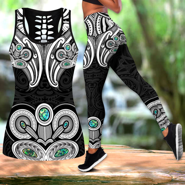 New Zealand Aotearoa Maori Tiki Silver Fern Paua Shell Deluxe Legging & Tank Top ML