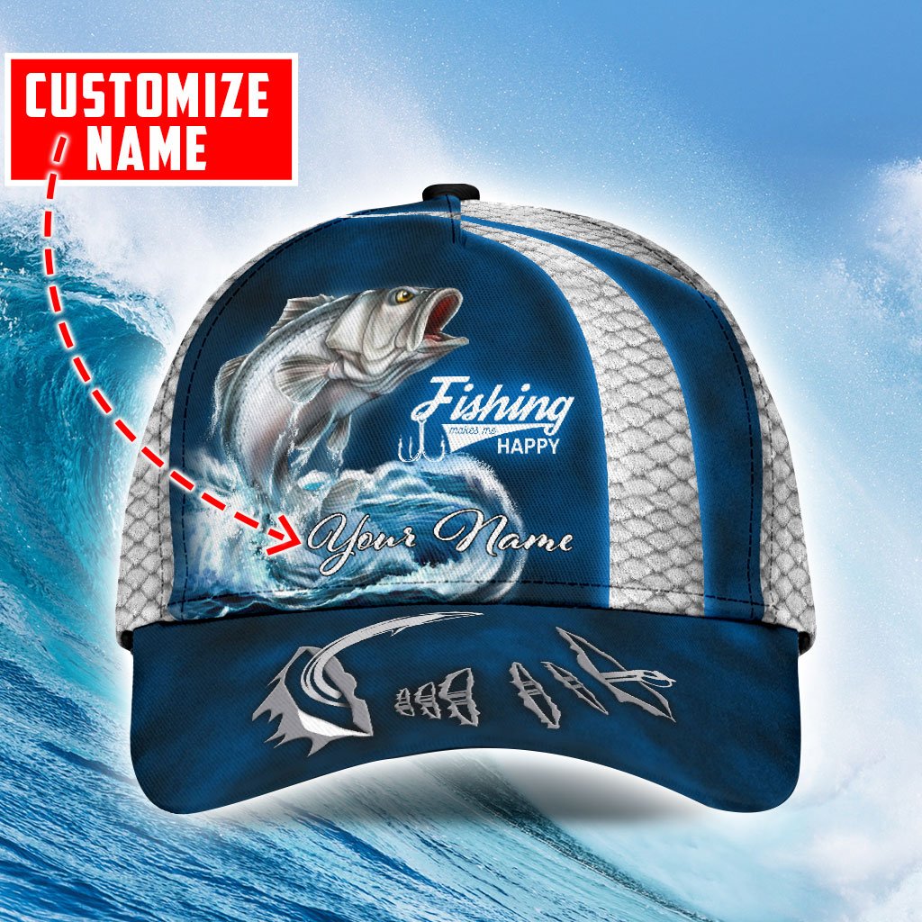 Custom Name Bass Fishing hat Hook 3D Painting print Cap
