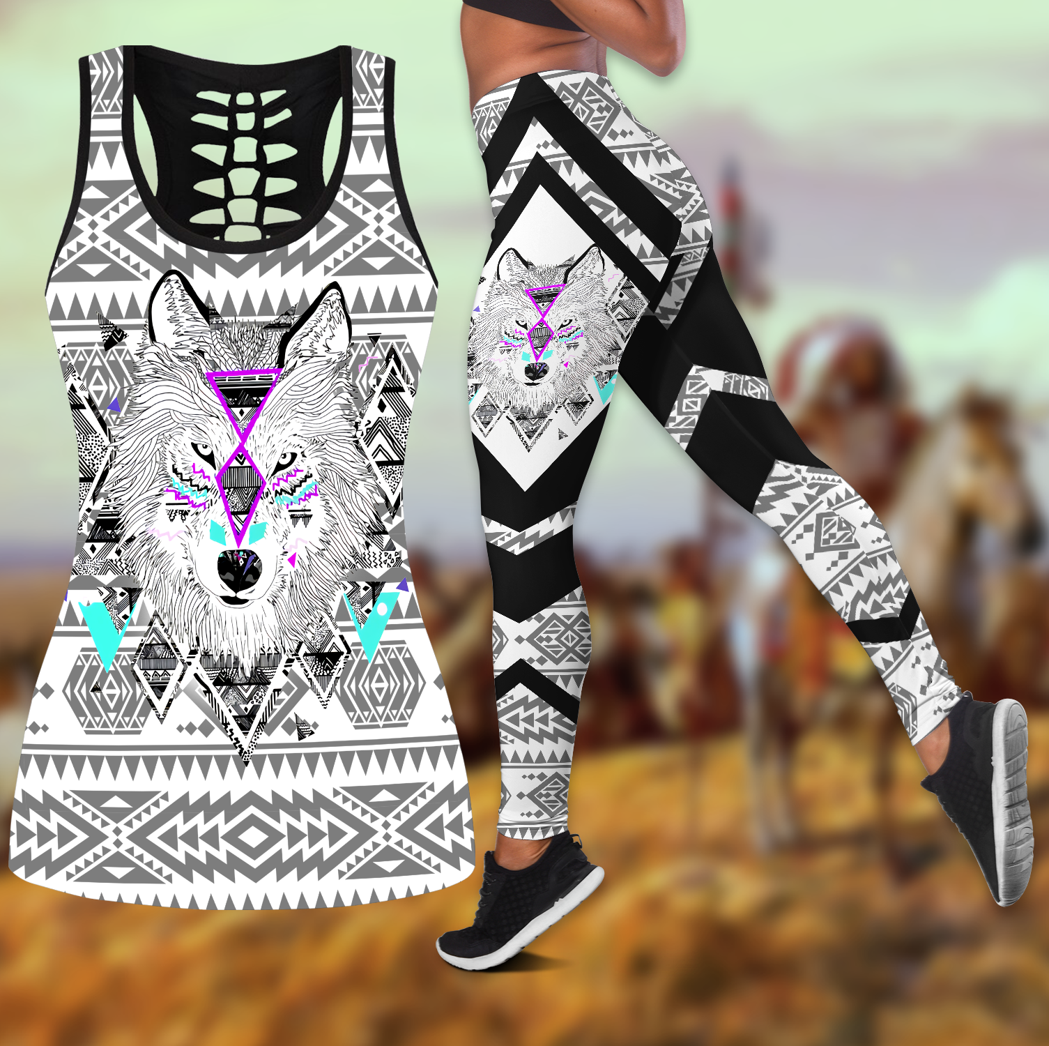 Wolf Native American 3D All Over Printed Legging + Hollow Tank