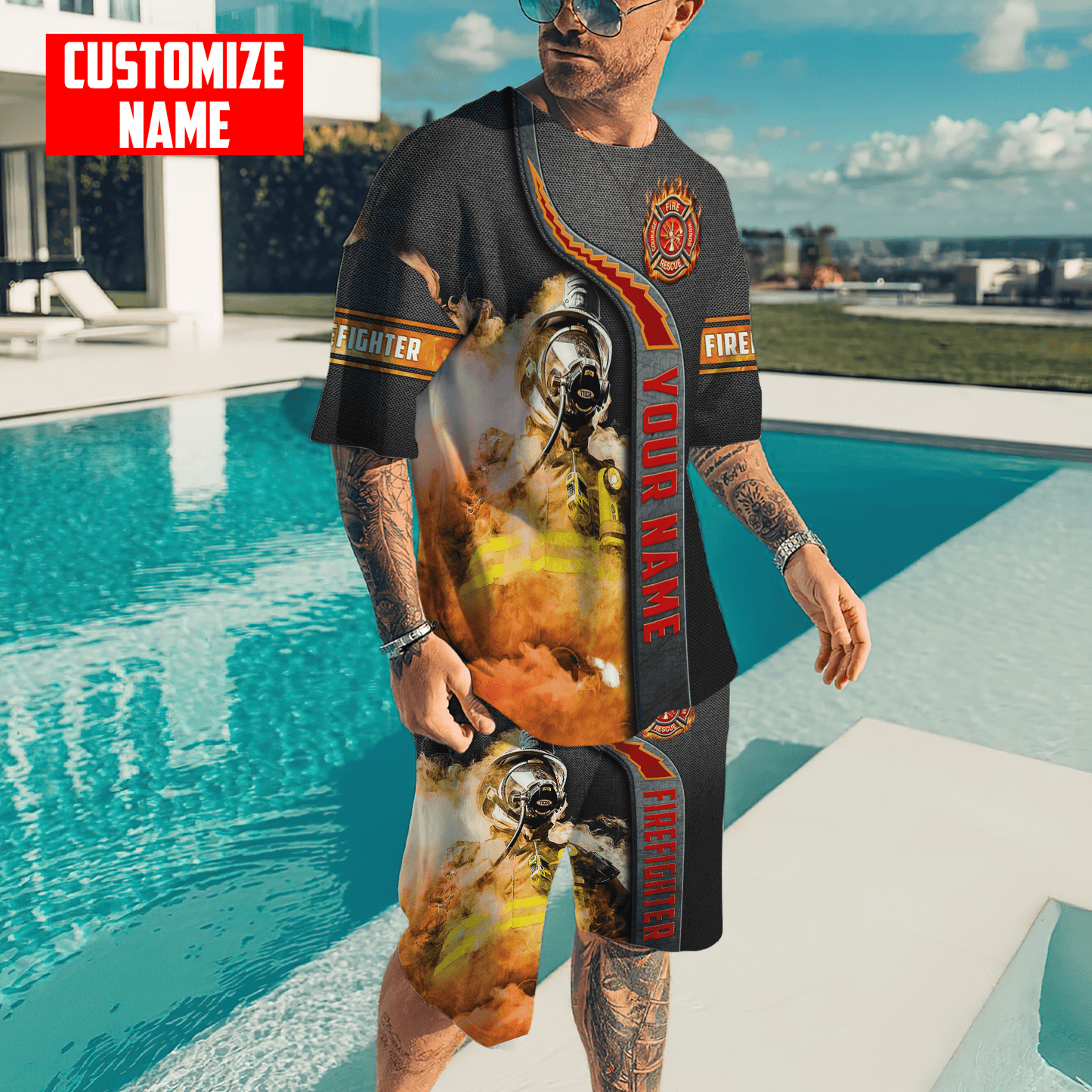 Customize Name Firefighter Combo T-Shirt And Board Short