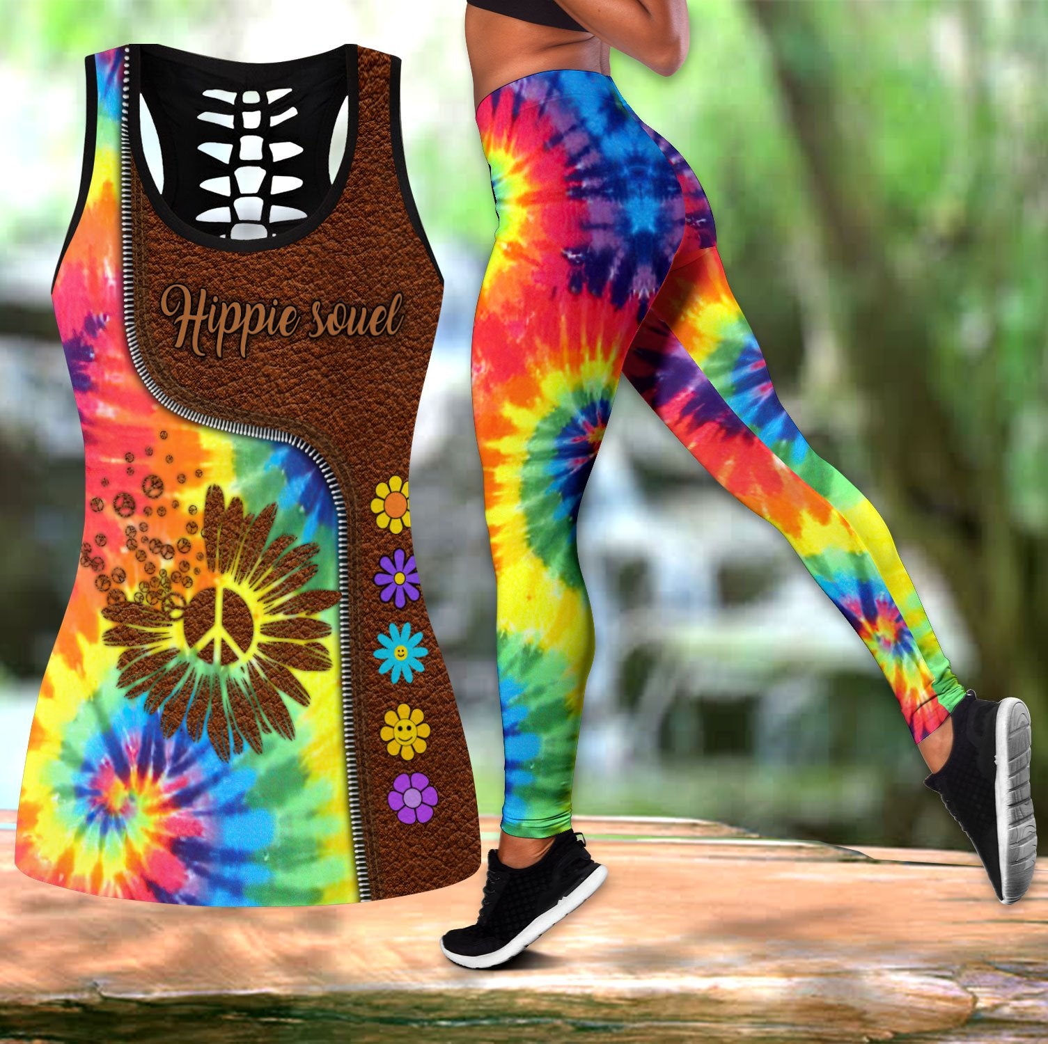 Tie dye Hippie Combo Hollow Tank Top And Legging Outfit NTN03032102