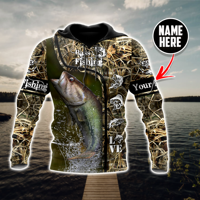 Custom name Bass Fishing water camo 3D print shirts