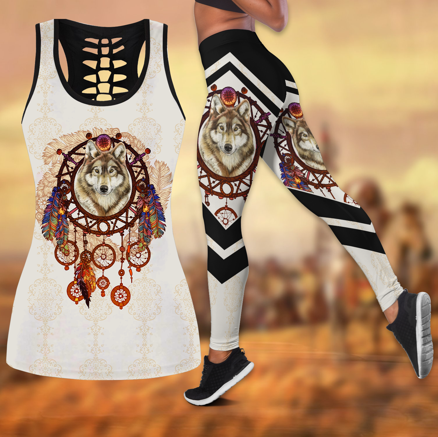 Wolf Native American 3D All Over Printed Legging + Hollow Tank