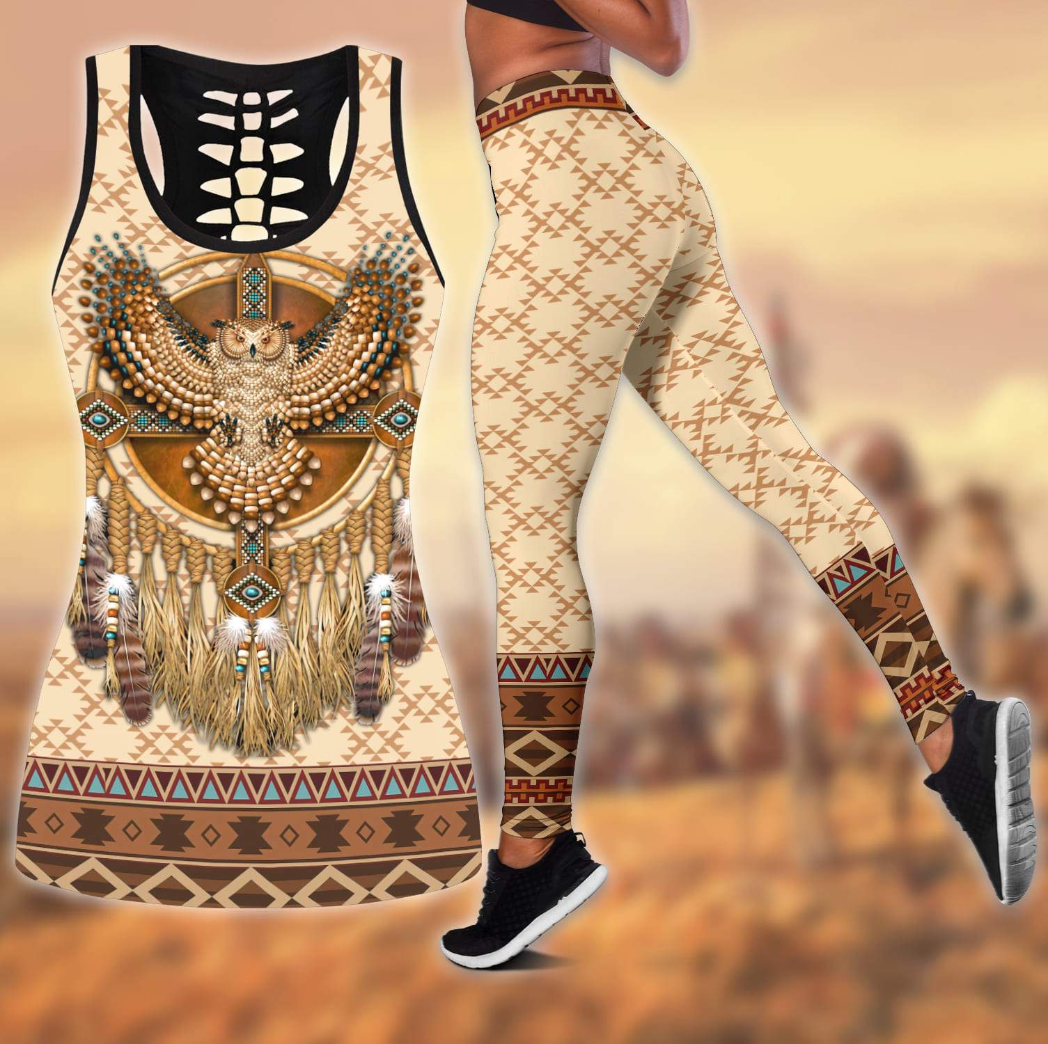 Owl Native American 3D All Over Printed Legging + Hollow Tank