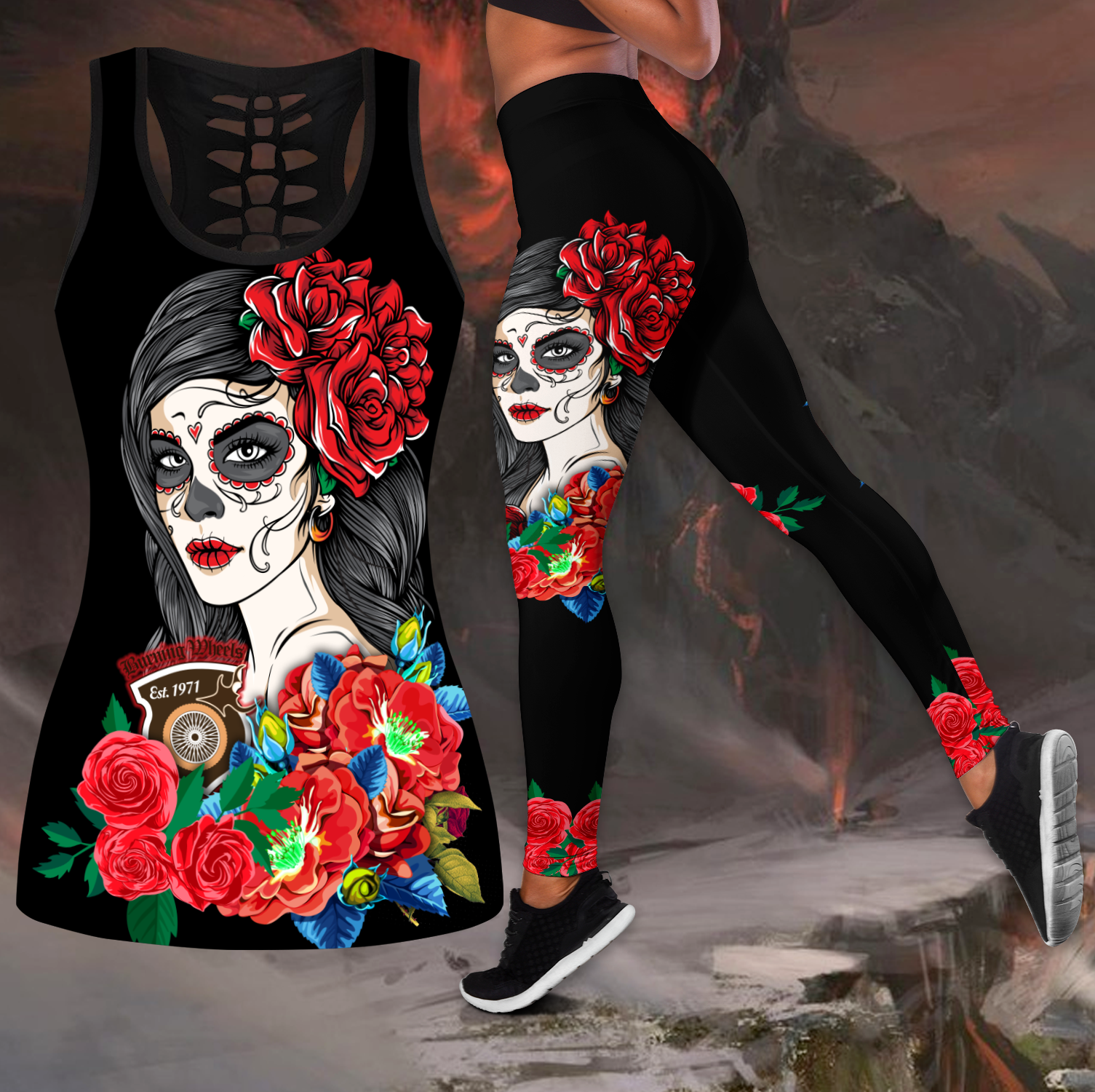 Skull Girl Biker Legging + hollow tank combo outfit