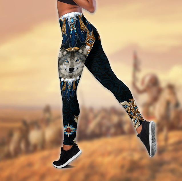 Wolf Native American 3D All Over Printed Legging + Hollow Tank