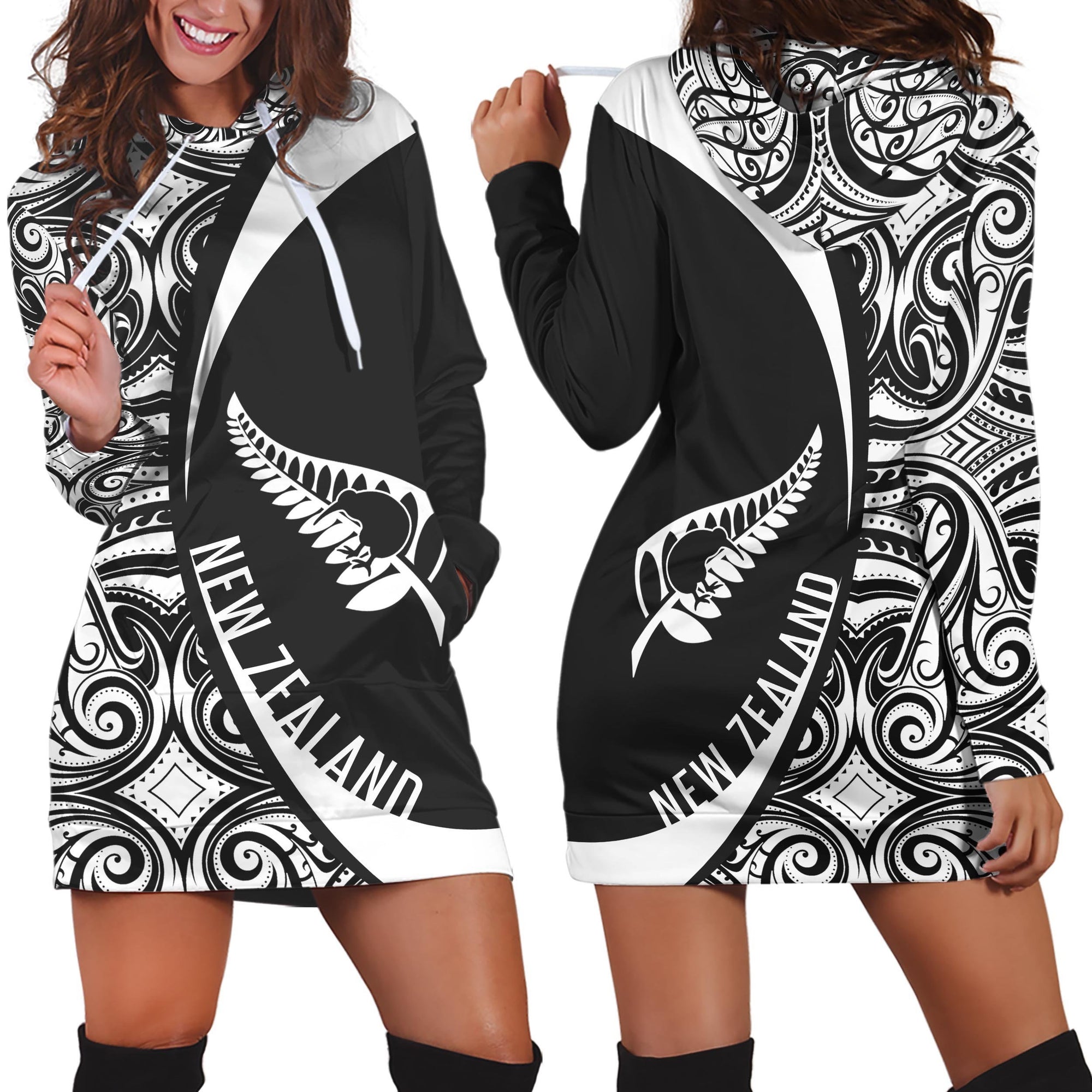 New Zealand Maori Pattern Hoodie Dress-Apparel-HD09-Hoodie Dress-S-Vibe Cosy™