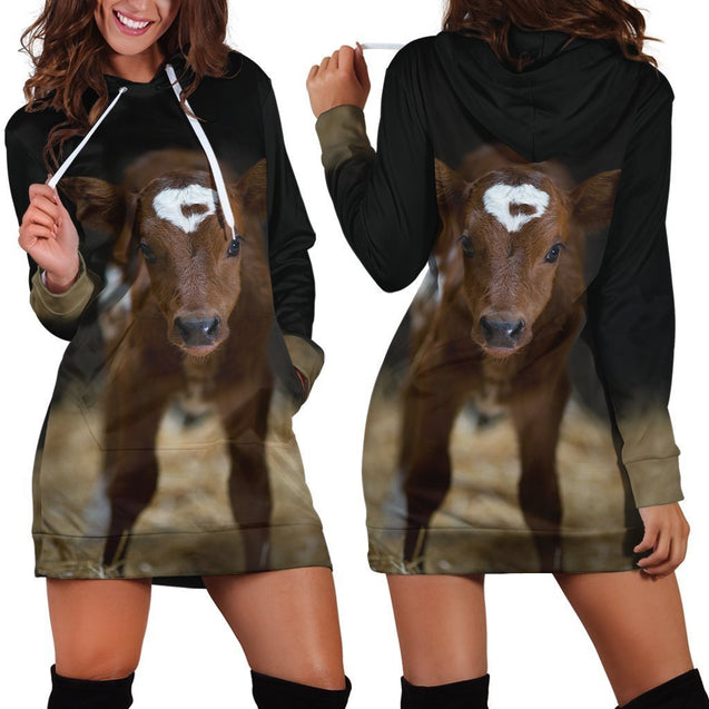 Beautiful Baby Cow Hoodie Dress-Apparel-HD09-Hoodie Dress-S-Vibe Cosy™