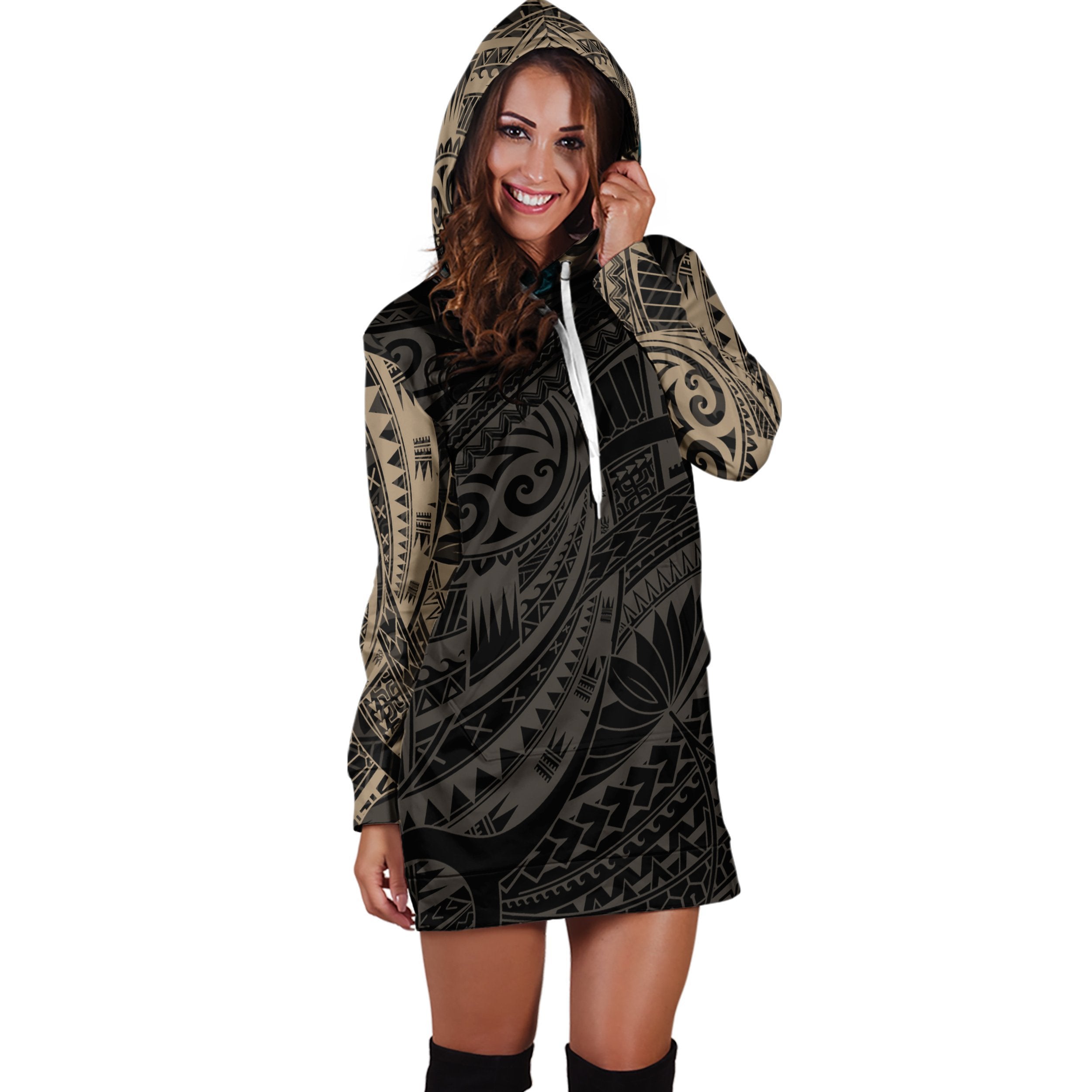 3D All Over Maori Tattoo Hoodie Dress Gold-Apparel-HD09-Hoodie Dress-S-Vibe Cosy™